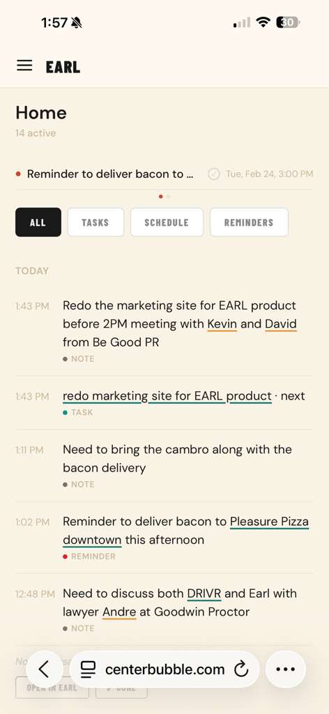 Earl Brain — Stream view showing tasks, people, and places